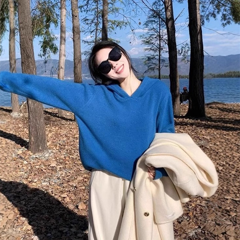 日系克莱因蓝连帽毛衣女秋冬季