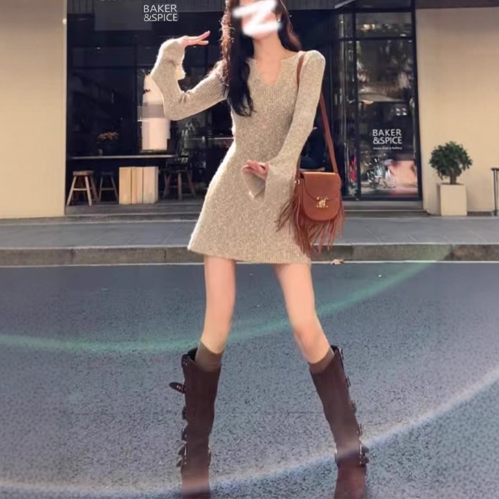 日系V领针织连衣裙女秋冬季配大衣内搭毛衣裙修身打底包臀短裙子