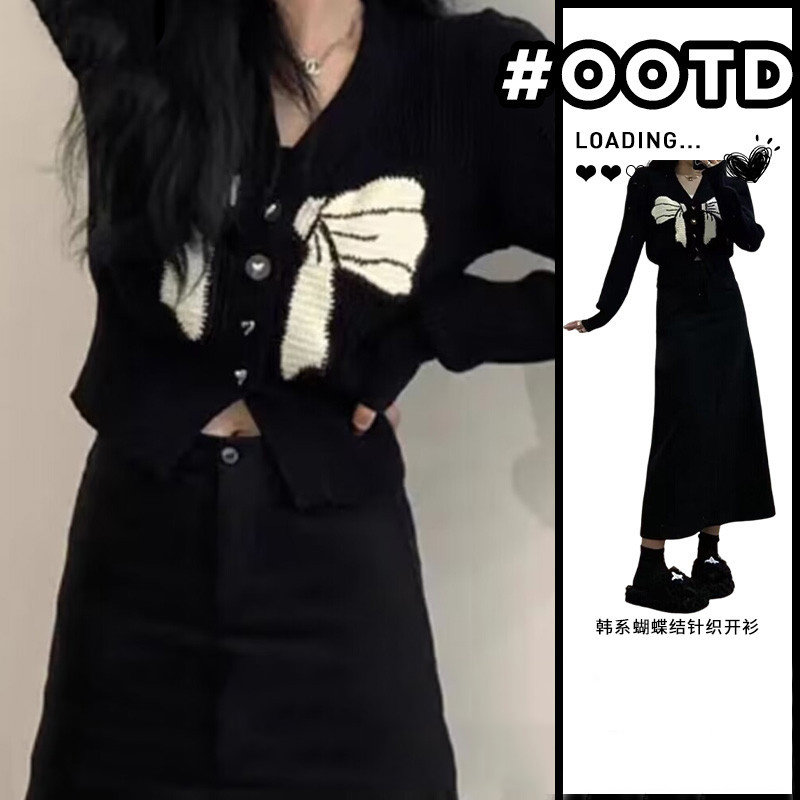 黑色蝴蝶结v领短款毛衣女