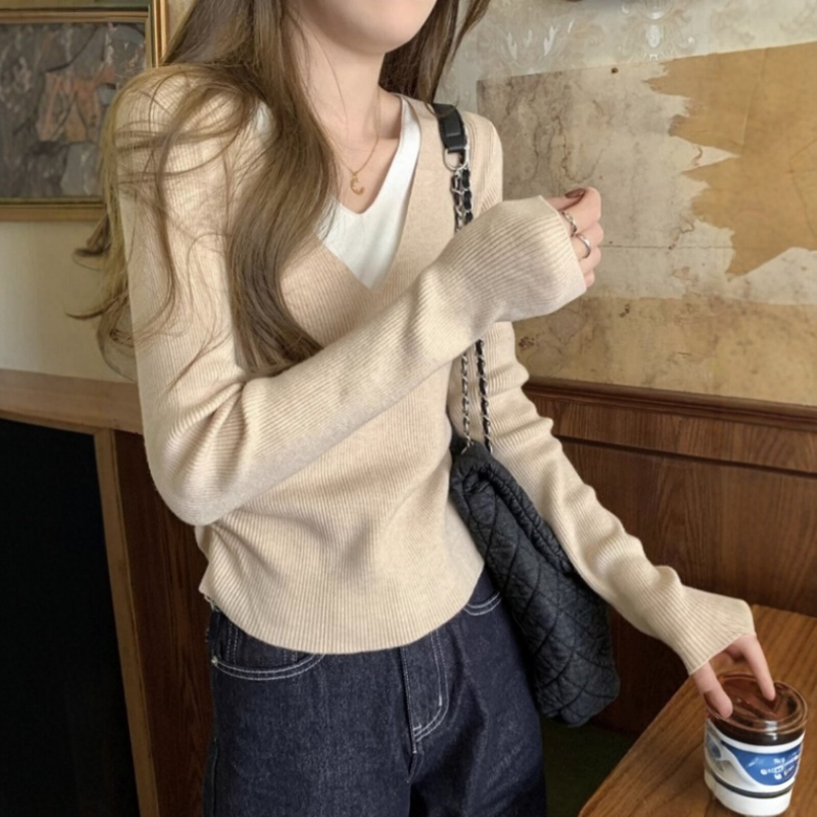 LL男装假两件针织打底衫女秋冬季