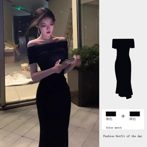 风情万种黑色一字肩连衣裙女夏季