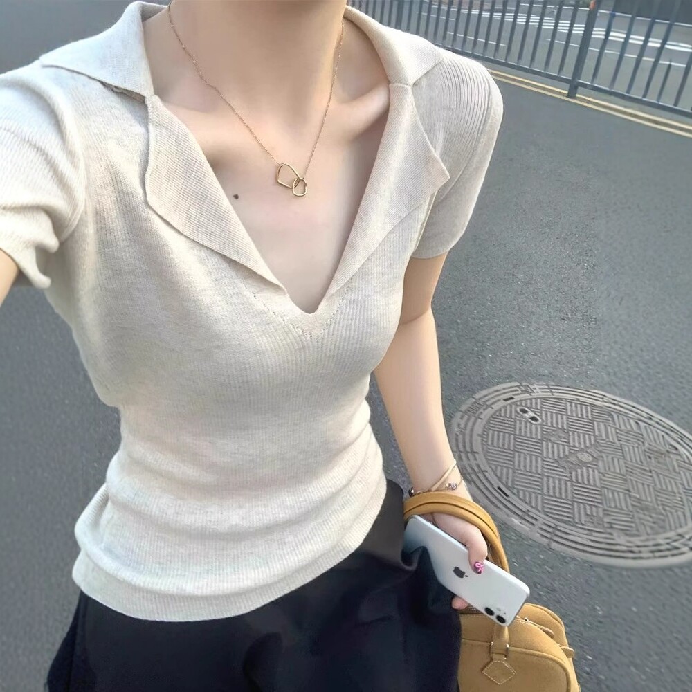 日系气质v领冰丝针织短袖t恤女