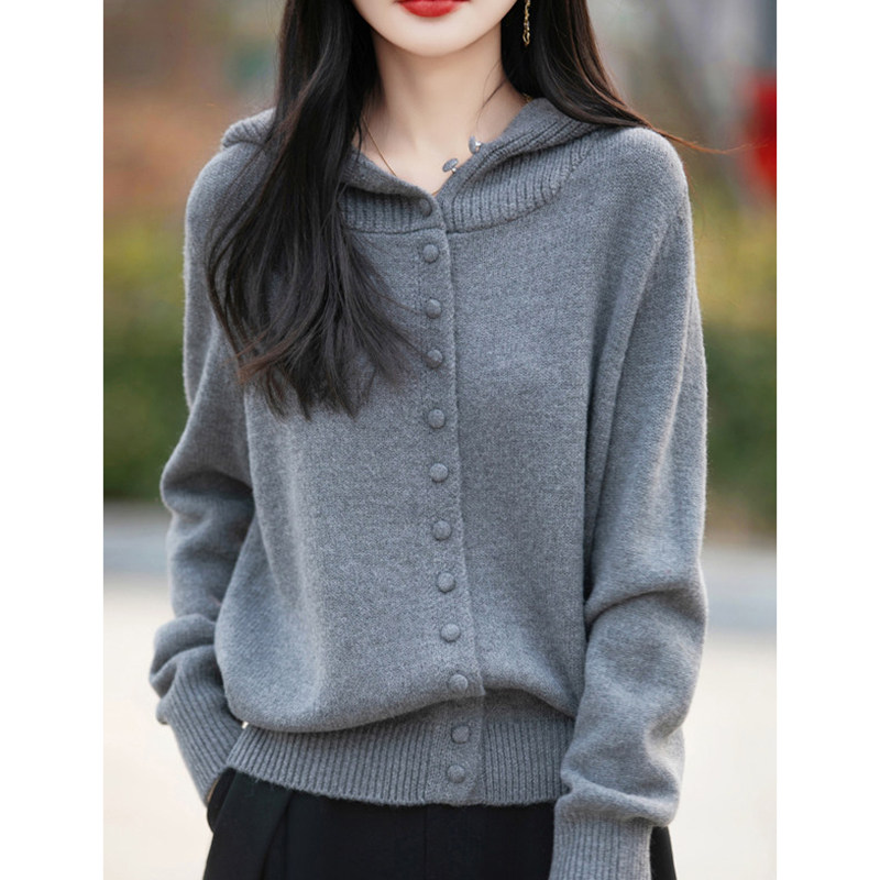 灰色休闲连帽针织开衫外套女
