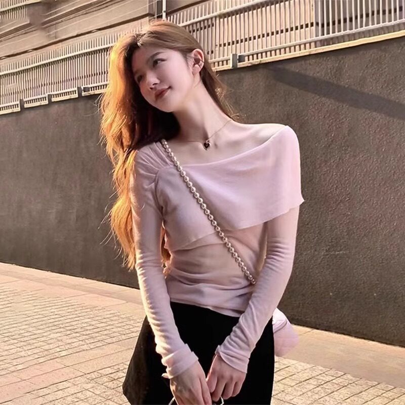 甜美修身一字肩针织衫女