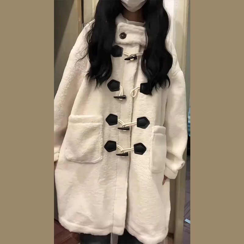 牛角扣小个子连帽毛呢子外套女