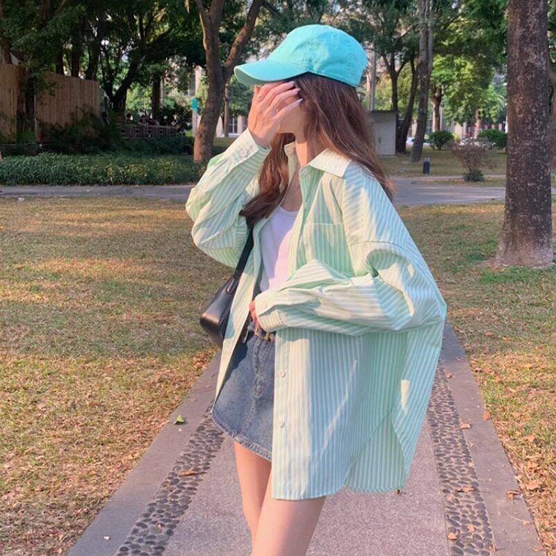 条纹衬衫小众绿色防晒小个子衬衣