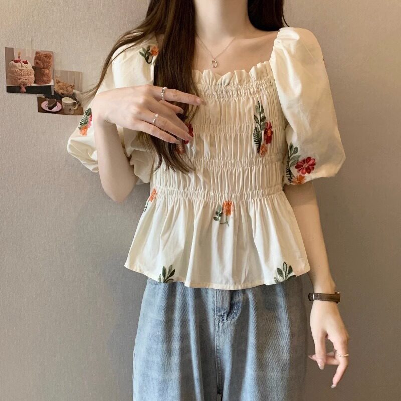 法式甜美刺绣泡泡袖衬衫女褶皱