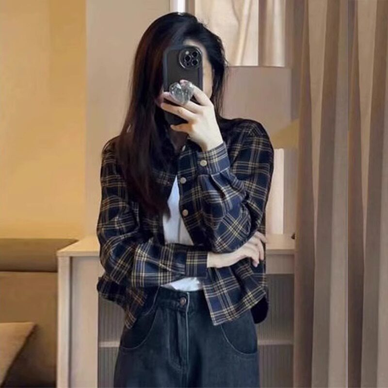 法式复古格子衬衫外套女短款