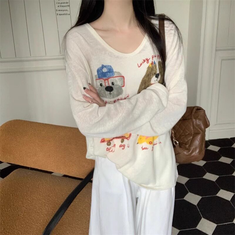 大码微胖慵懒风印花长袖T恤女