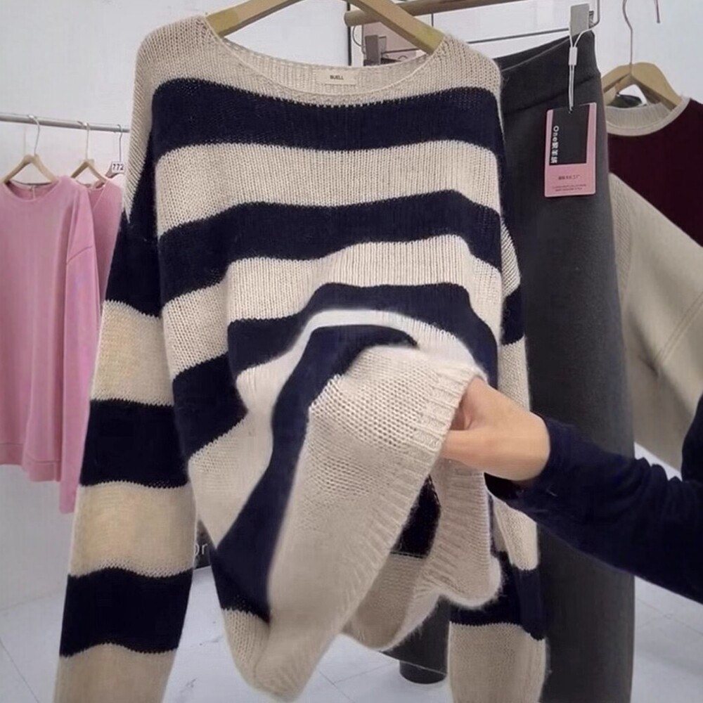 日系条纹马海毛针织衫女秋冬慵懒