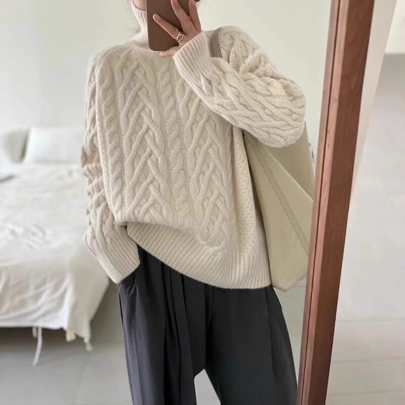 日系宽松慵懒风高领麻花打底毛衣女春秋季套头正肩加厚内搭针织衫