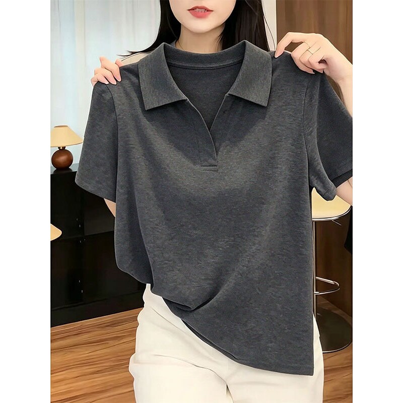 韩系深灰Polo领短袖T恤女显瘦