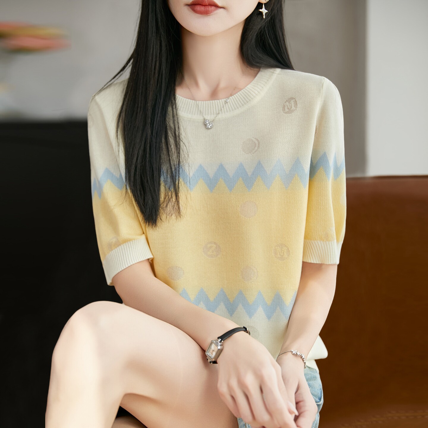 条纹提花针织短袖t恤女士夏季