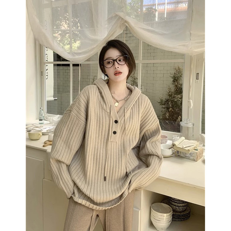 软糯慵懒风连帽毛衣女宽松百搭