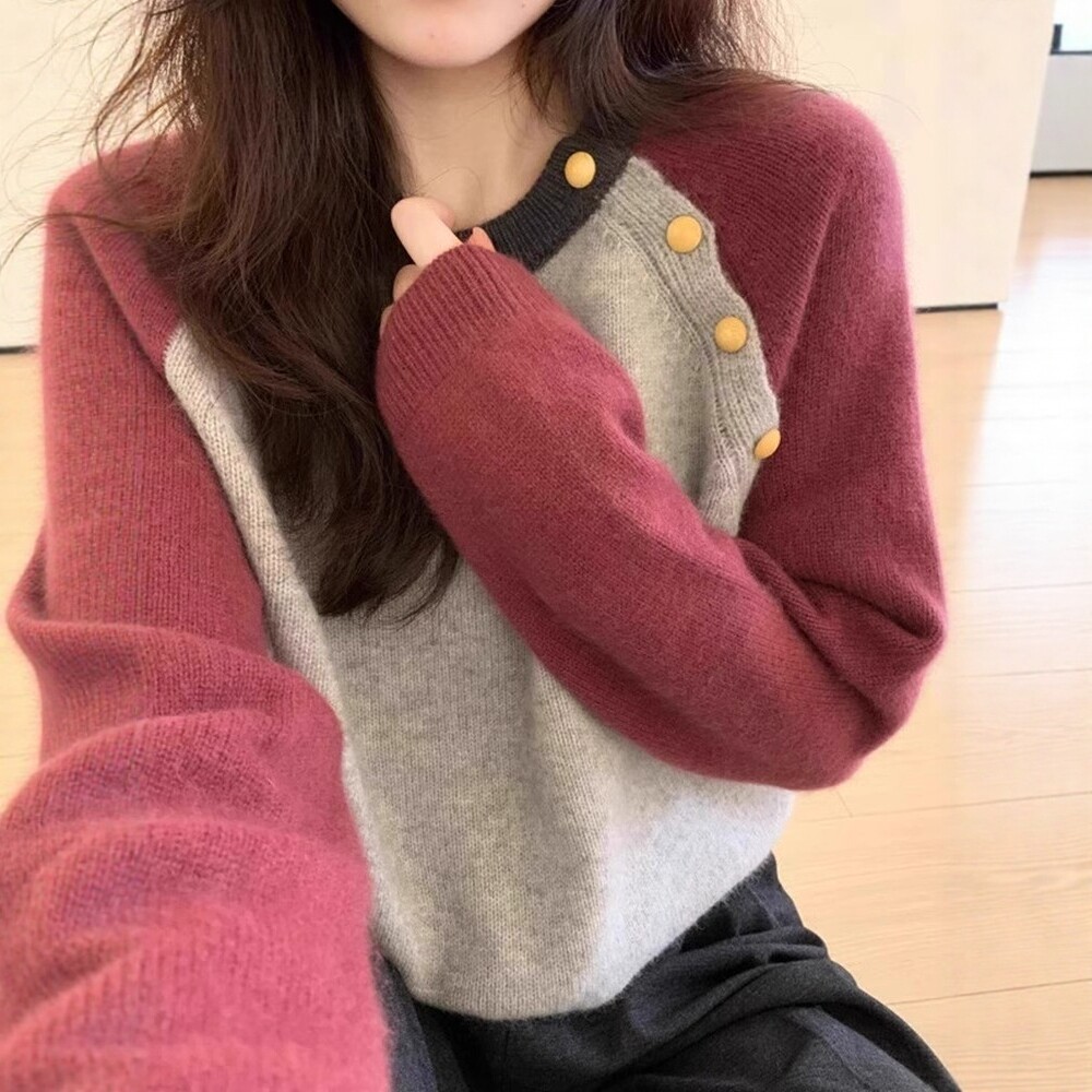 日系插肩袖斜扣圆领毛衣女秋冬季