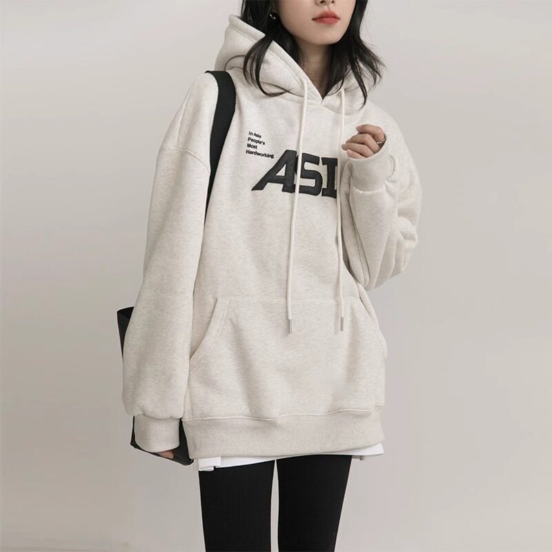加绒加厚灰色连帽卫衣女