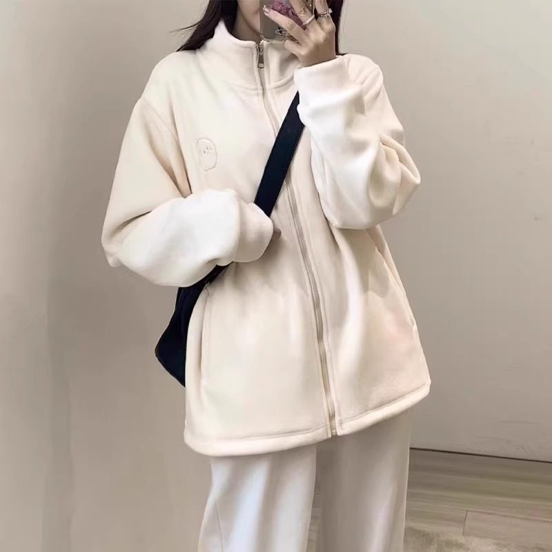 日系双面摇粒绒外套女秋冬季新款羊羔毛加绒厚内胆颗粒绒内搭卫衣