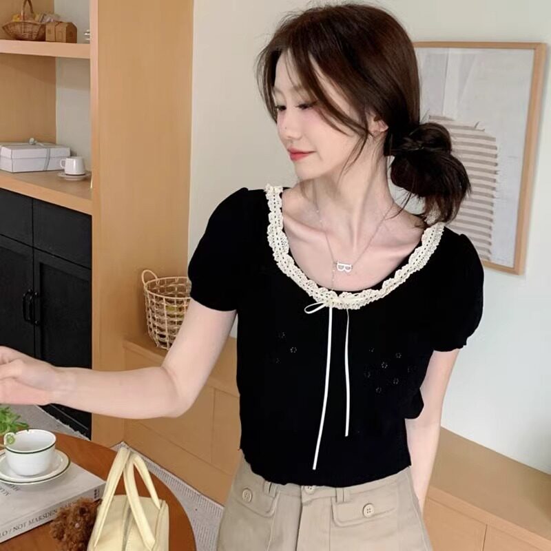 镂空蕾丝花边蝴蝶泡泡短袖t恤女
