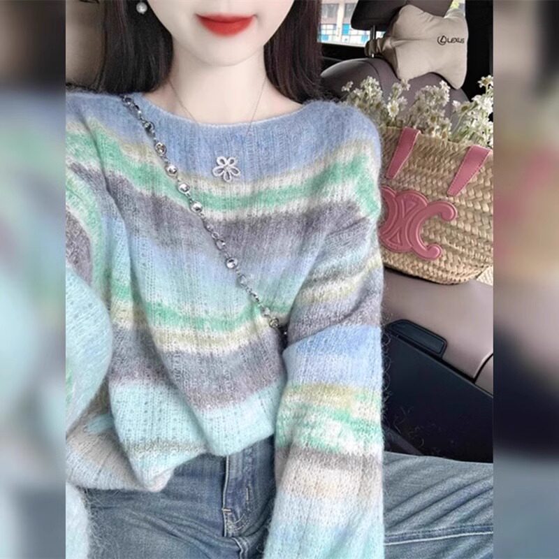 日系渐变色条纹扎染马海毛毛衣女休闲慵懒风软糯针织衫氛围感上衣