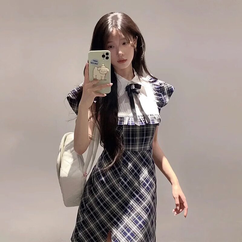 学院风小飞袖格子连衣裙女