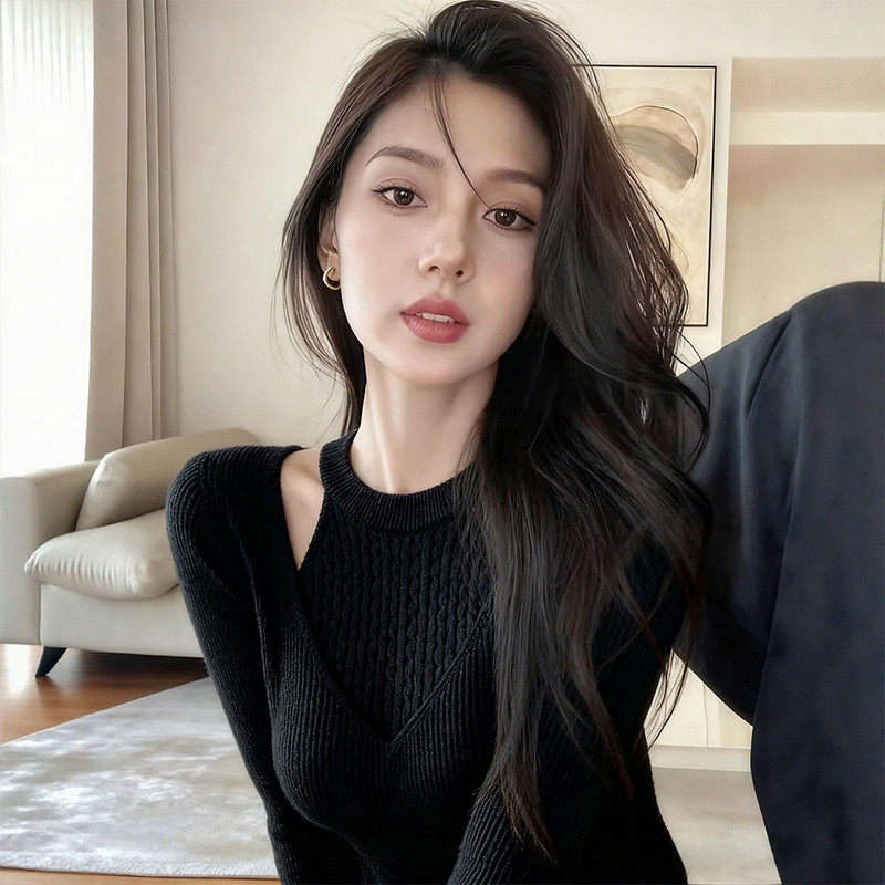 挂脖假两件针织衫女秋冬修身毛衣