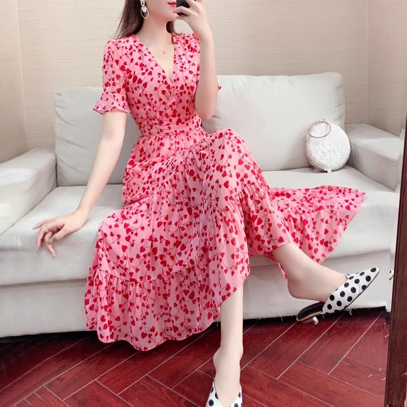 短袖V领碎花连衣裙女收腰显瘦
