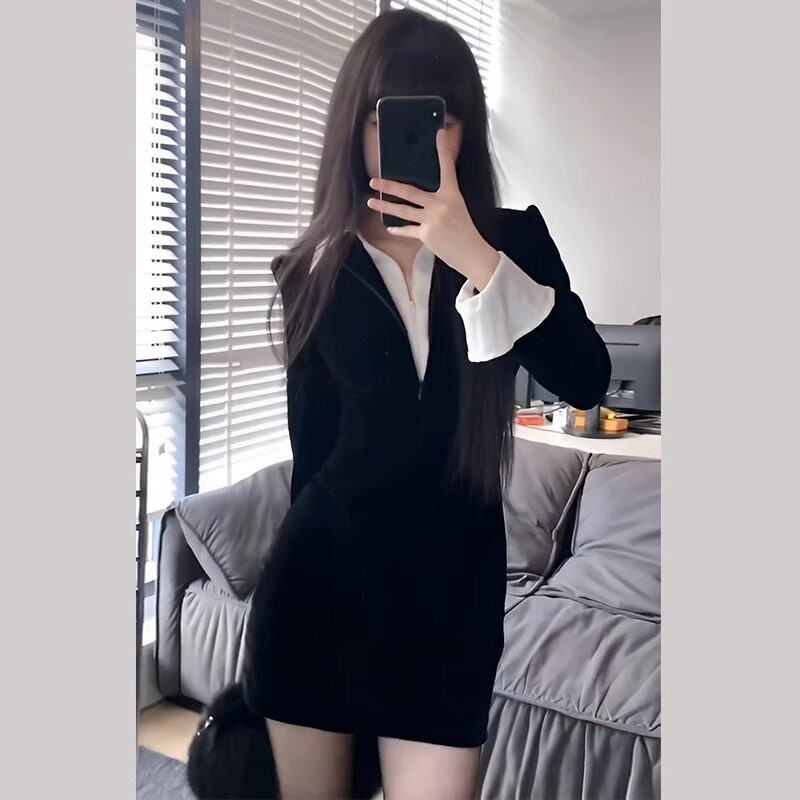 赫本风黑色长袖衬衫连衣裙女