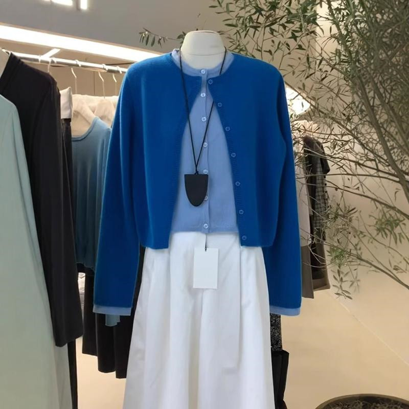 日系克莱因蓝假两件针织开衫女冬