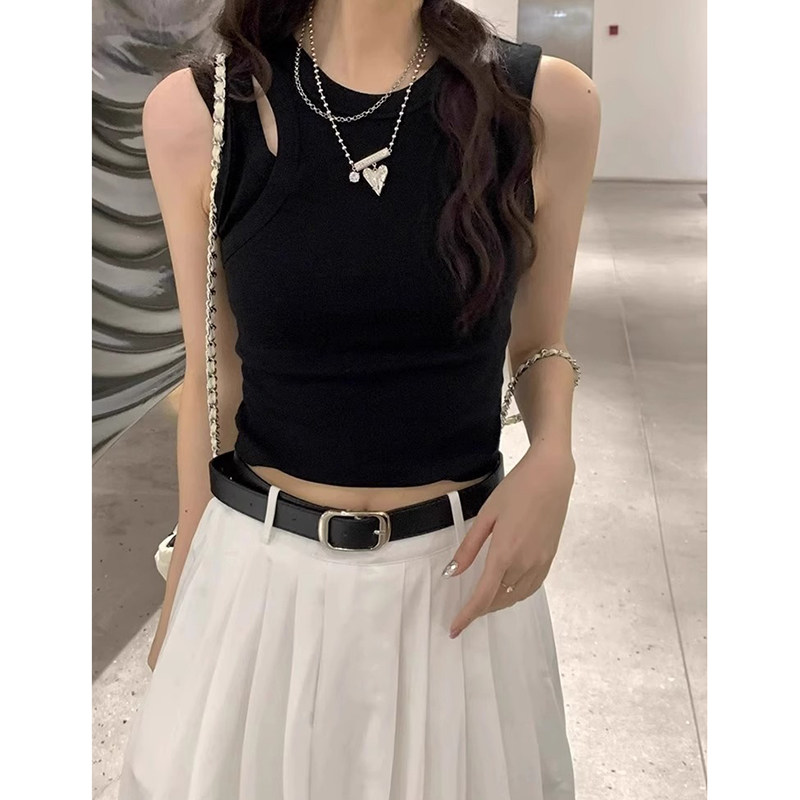 日系夏季设计感镂空黑色小吊带背心女遮副乳外穿无袖短款露脐上衣