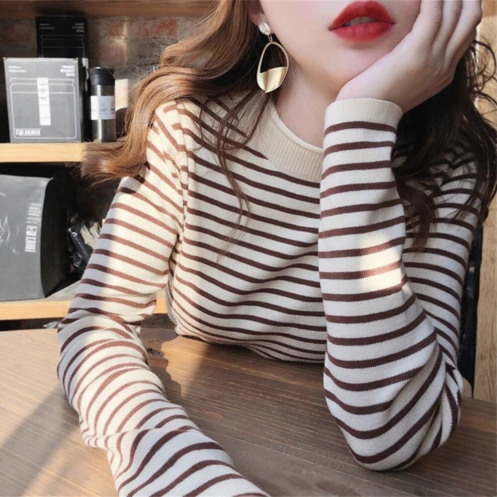 日系条纹针织衫女士秋冬季打底衫