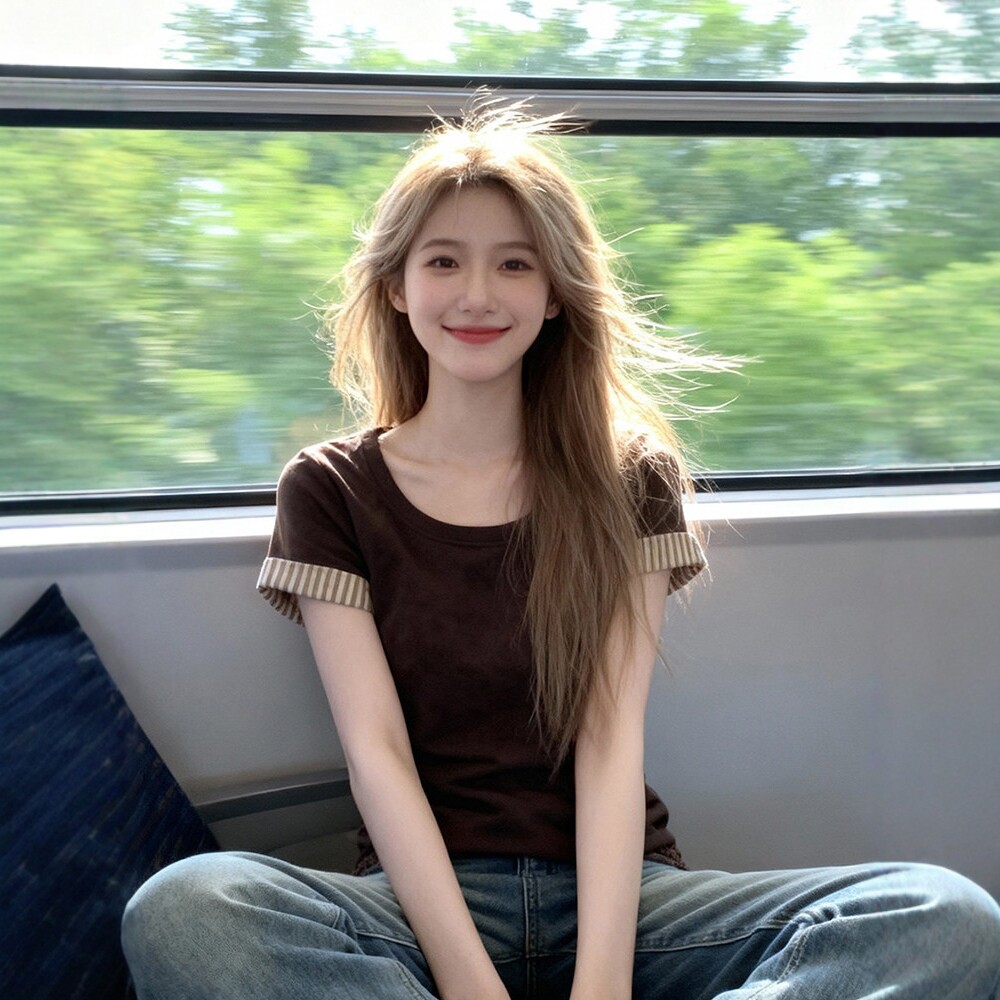 日系咖色条纹袖口圆领短袖t恤女夏季新款独特漂亮巨好看正肩上衣