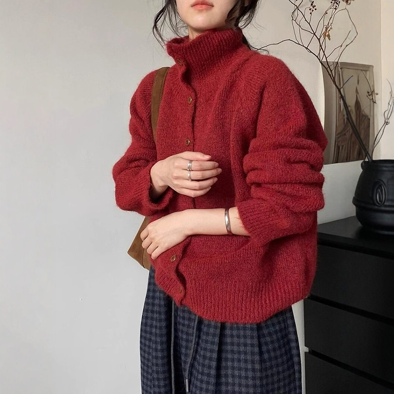 新年红色高领毛衣外套女针织开衫