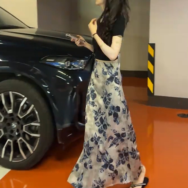 韩系复古印花高腰显瘦鱼尾长裙