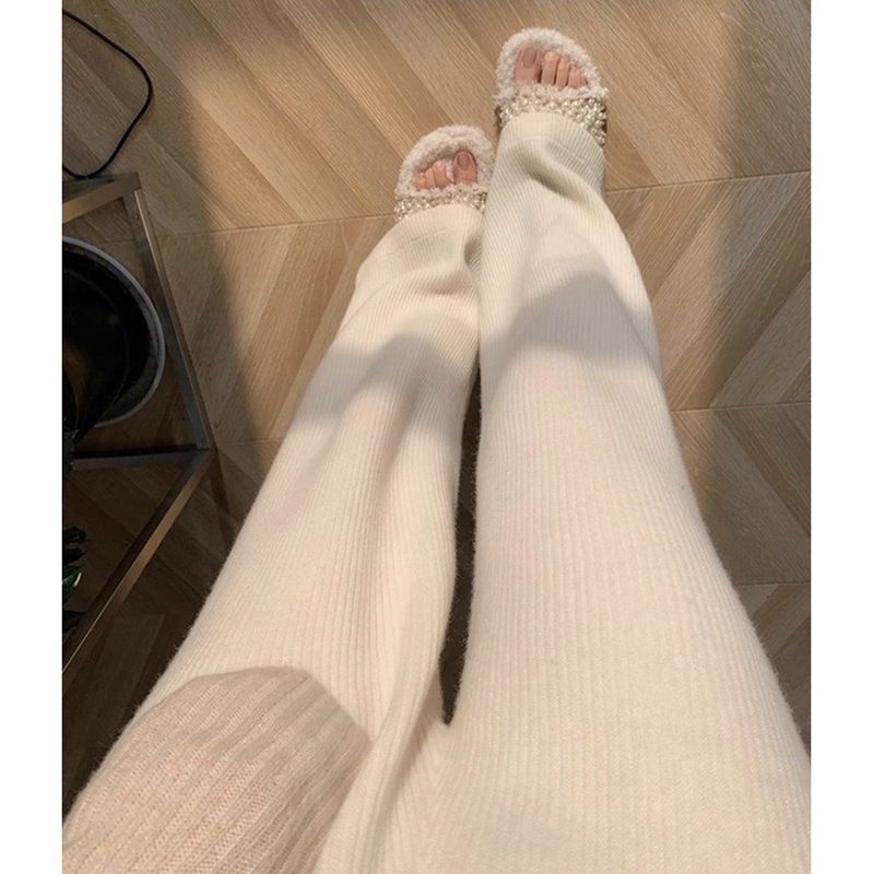 日系春秋新款温柔软糯羊毛针织阔腿裤女高腰直筒宽松垂感拖地长裤