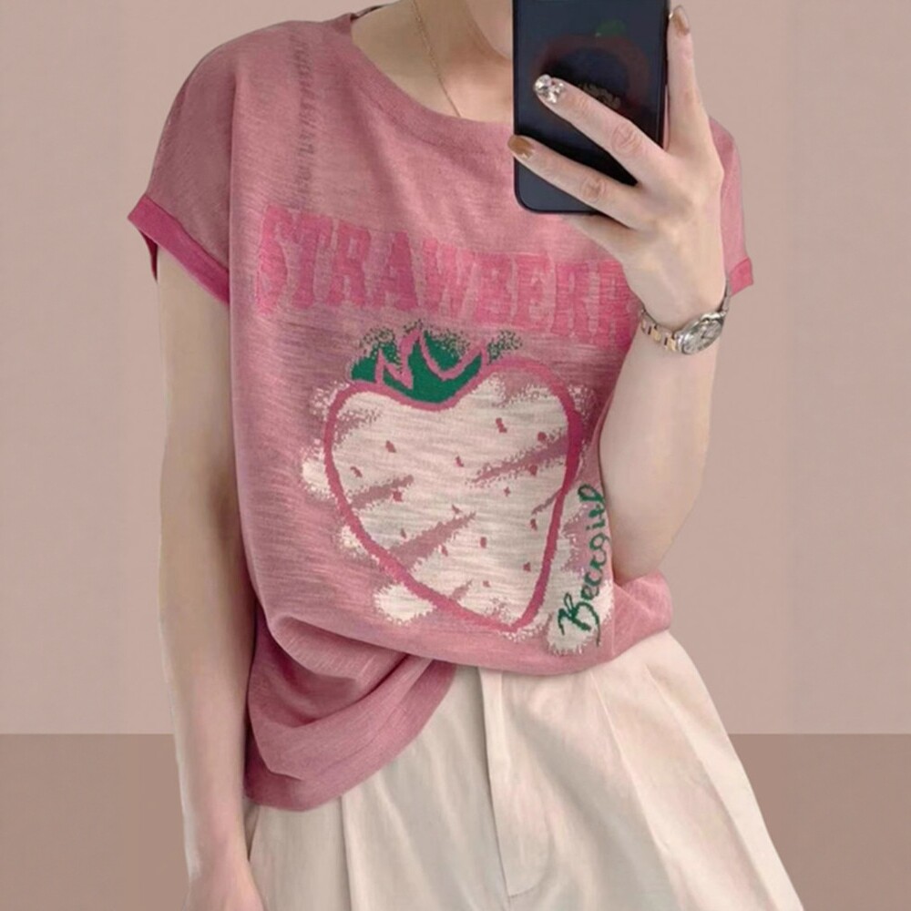 日系草莓印花圆领正肩短袖t恤女