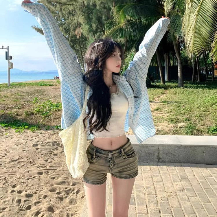 美式复古格子衬衫女衬衣薄款外套