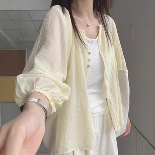 日系黄色天丝亚麻防晒衬衫女夏季薄款灯笼袖外搭罩衫宽松开衫上衣
