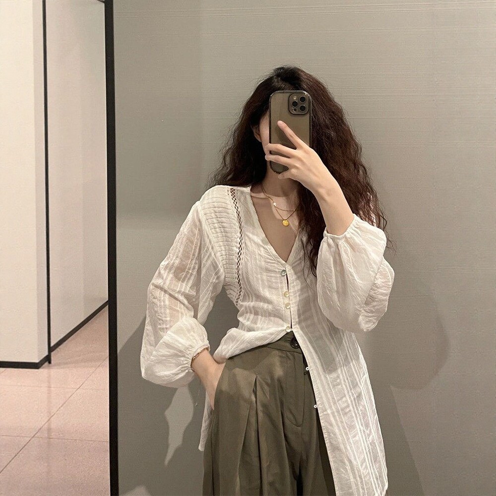 日系高级感v领泡泡袖衬衫女夏季