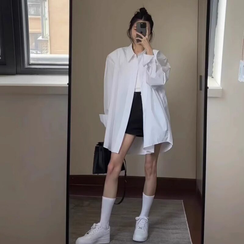 慵懒风白色衬衫薄款防晒衬衣外套