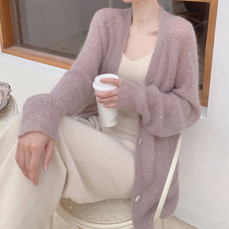 日系2025年春秋新款中长版金丝马海毛针织开衫女覆古温柔薄款毛衣