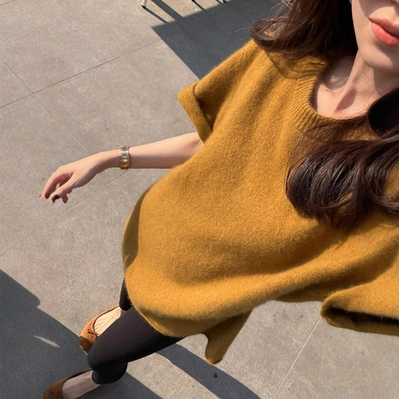慵懒风黄色圆领短袖针织衫女上衣