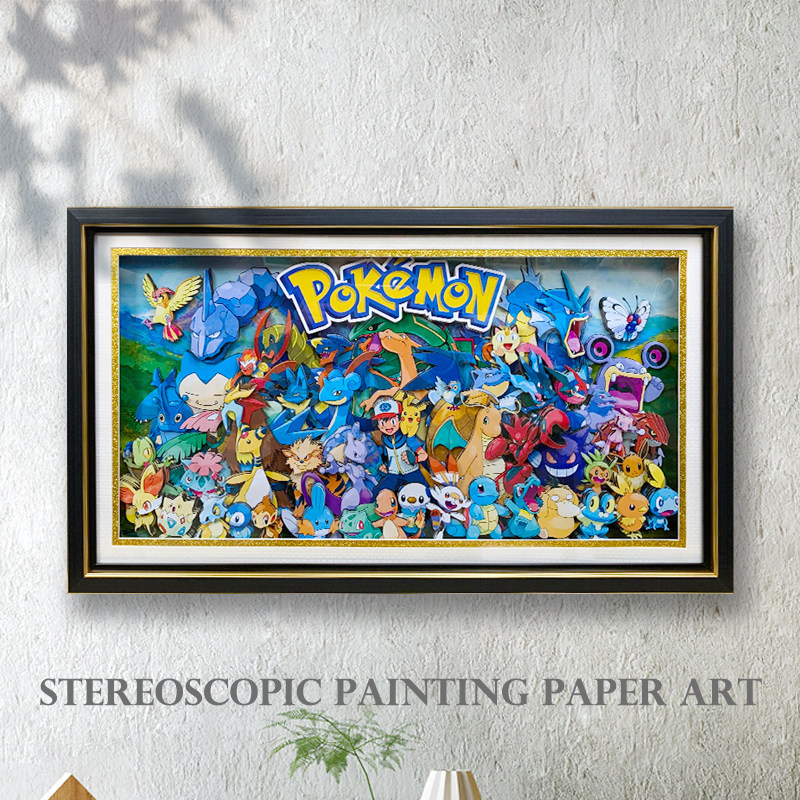 精灵宝可梦全家福神奇宝贝皮卡丘动漫立体画房间挂画朋友节日礼物