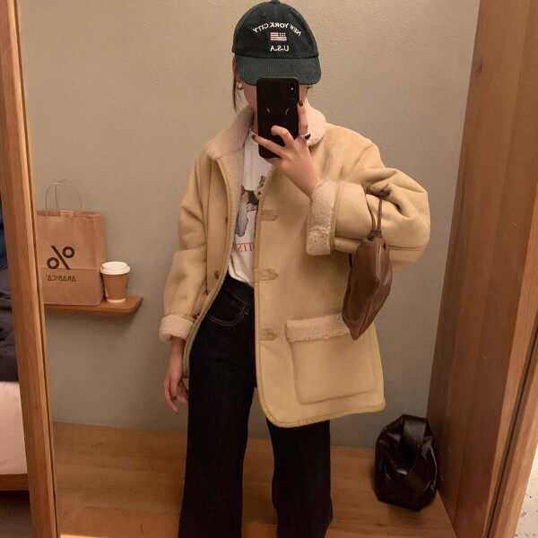韩国货高品质羊羔毛皮毛一体机车毛呢外套