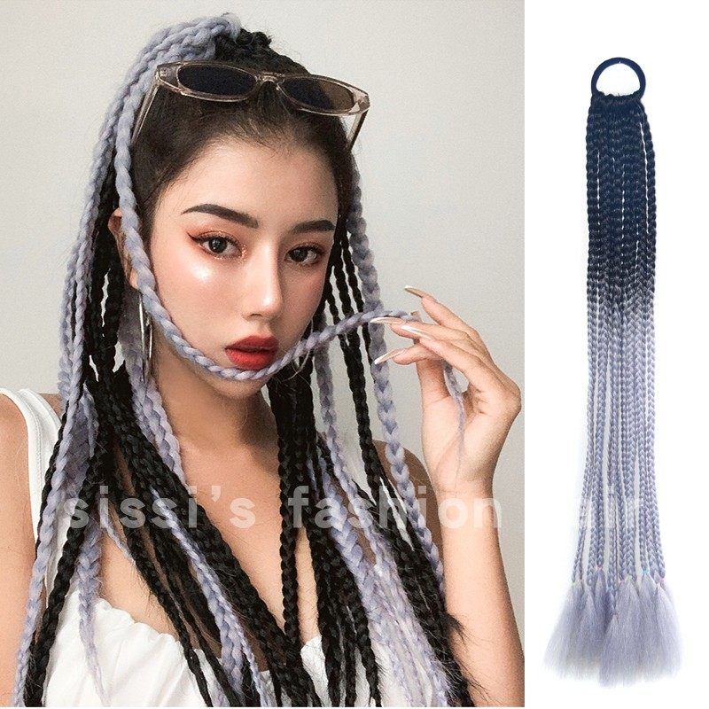 假发马尾彩色小辫子高温丝麻花辫渐变色民族风三股小辫式马尾脏辫