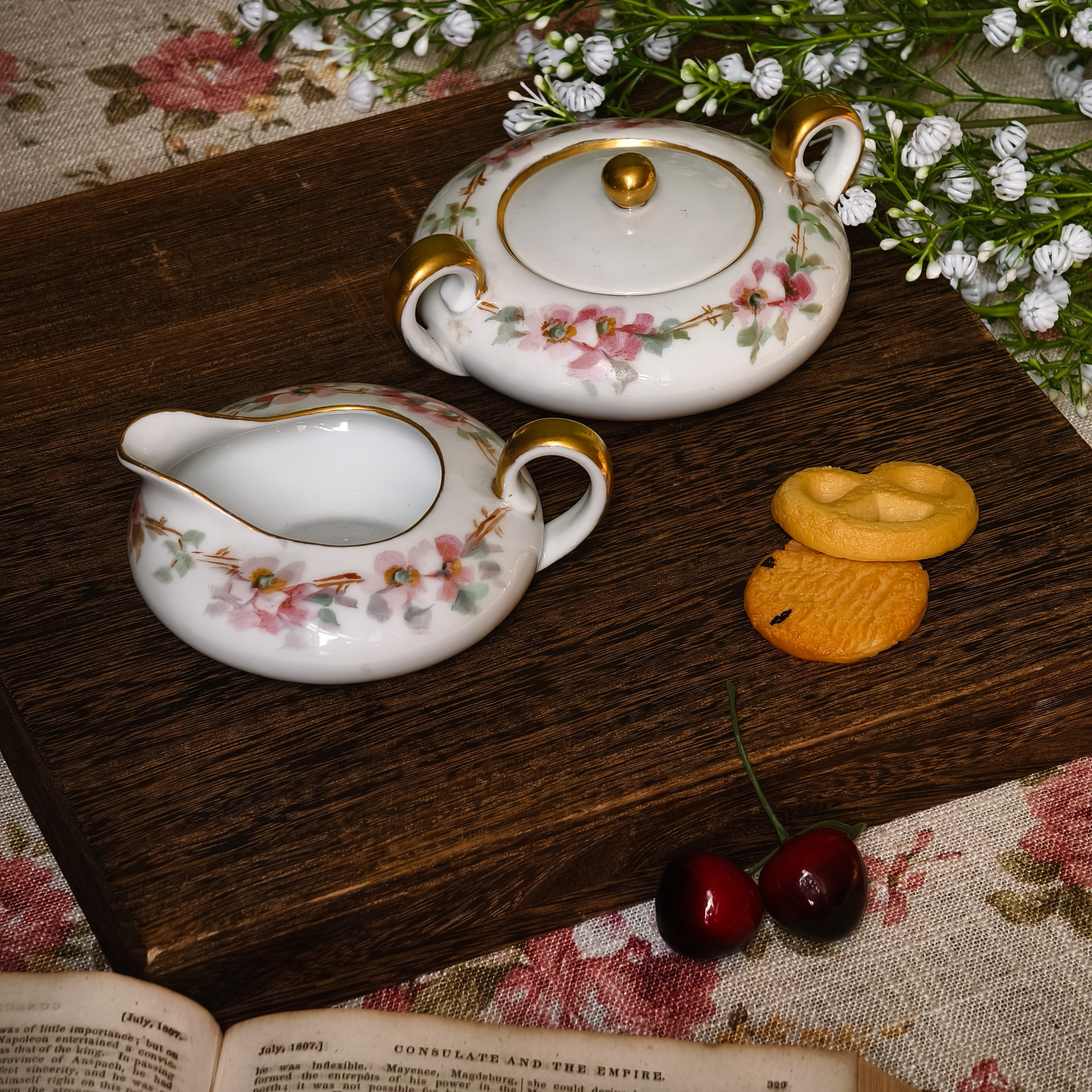 糖缸奶壶ins田园风德国陶瓷手绘花卉鎏金下午茶咖啡套装中古摆件