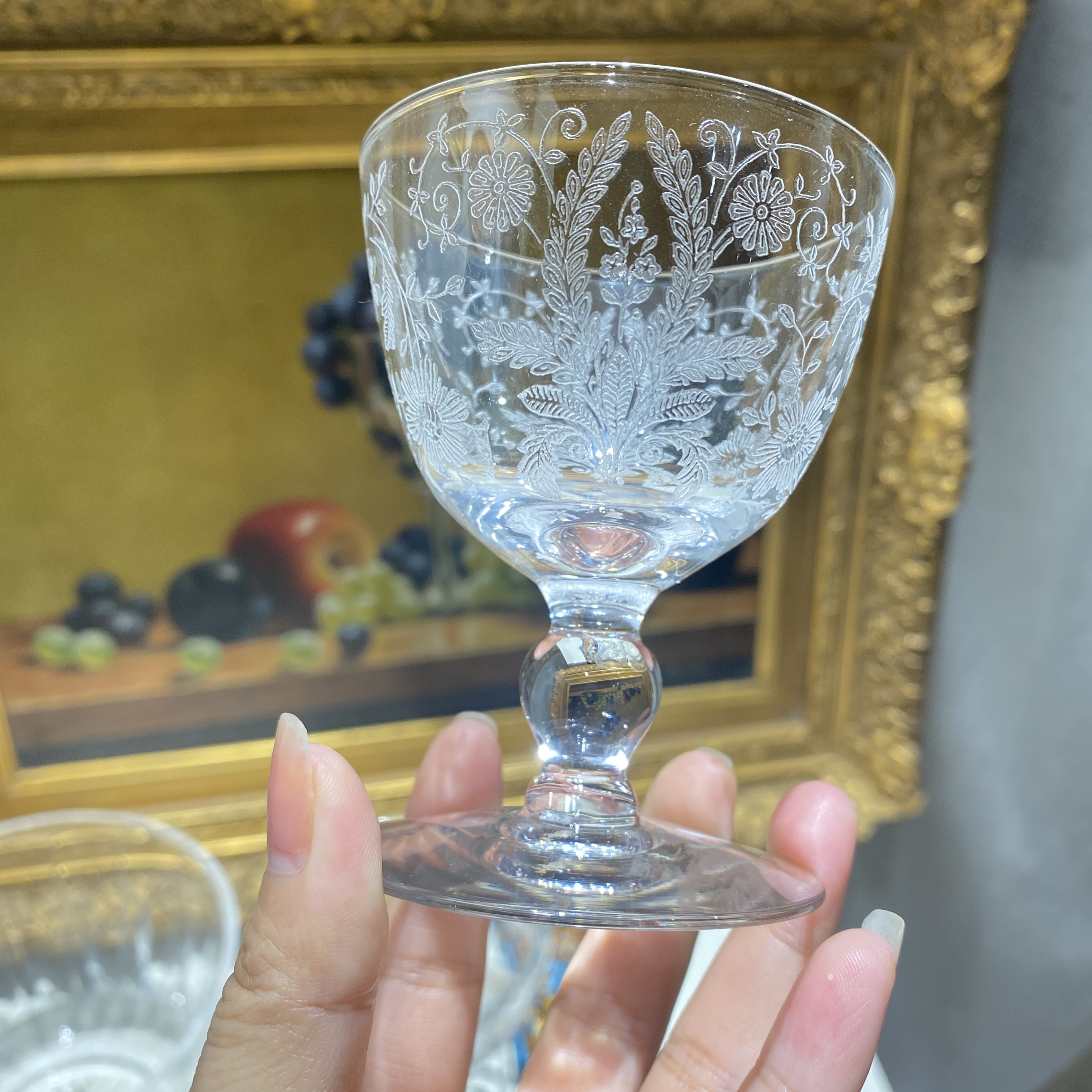 新品 蚀刻花卉小高脚酒杯