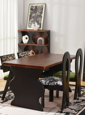 法式中古复古风实木餐桌椅组合家用小户型长方形条形波浪饭涟漪桌