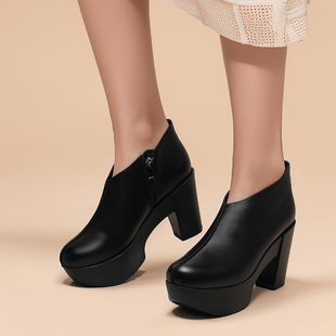 一席之地女鞋模特旗袍走秀高跟鞋女防水台不累脚厚底粗跟真皮单鞋