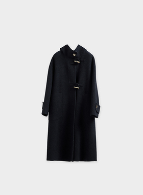 Miss couleur 绵羊毛牛角扣学院风连帽长款双面毛呢大衣女MC036