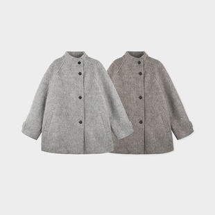 Miss couleur绵羊毛混纺两色系带插肩袖短大衣外套MC044